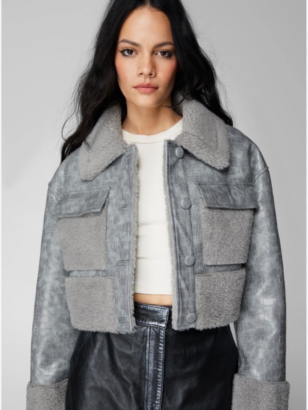 Nasty Gal crop shearling croc leather coat in size 6 NWOT
